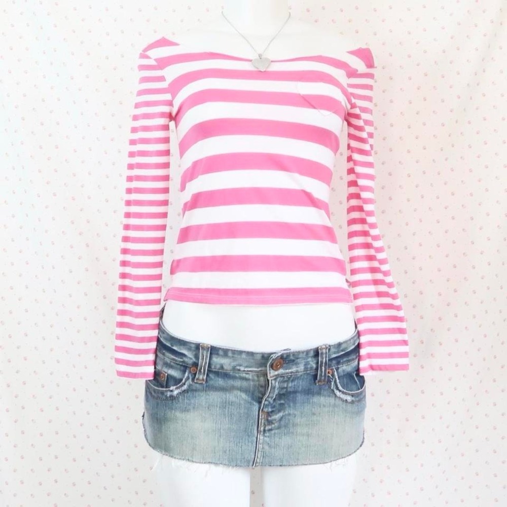 Vintage Pink Stripe Off Shoulder Long Sleeve Top Y2K Indie Sleaze